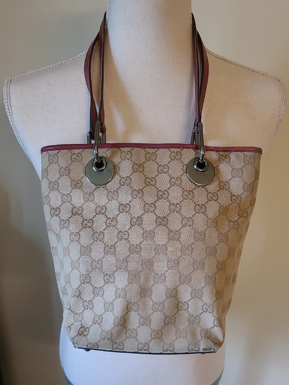 Gucci Beige Monogram Tote with  Burgandy and Leather Straps